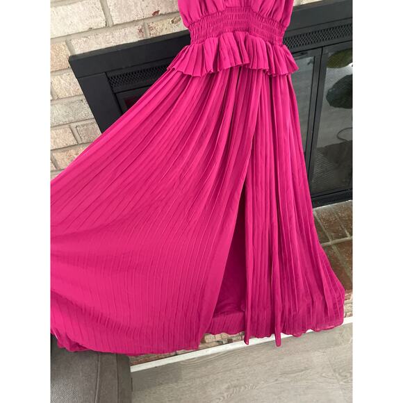 French Connection Shelby Plunge V Neck Maxi Dress Size 0 Pink Ruffle Waist - Picture 4 of 10